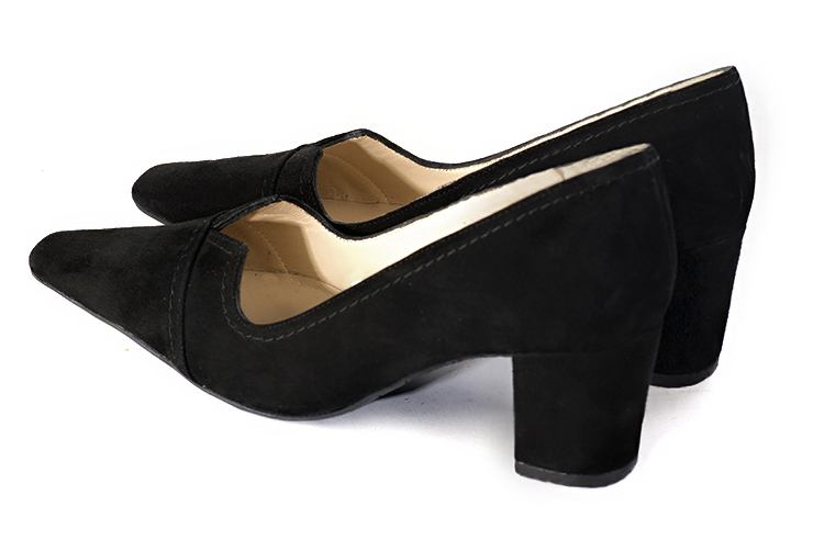 Matt black women's dress pumps,with a square neckline. Tapered toe. Medium block heels. Rear view - Florence KOOIJMAN